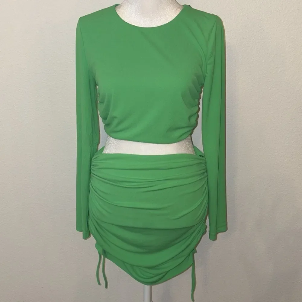 Zara cropped long sleeve ruched mini skirt set